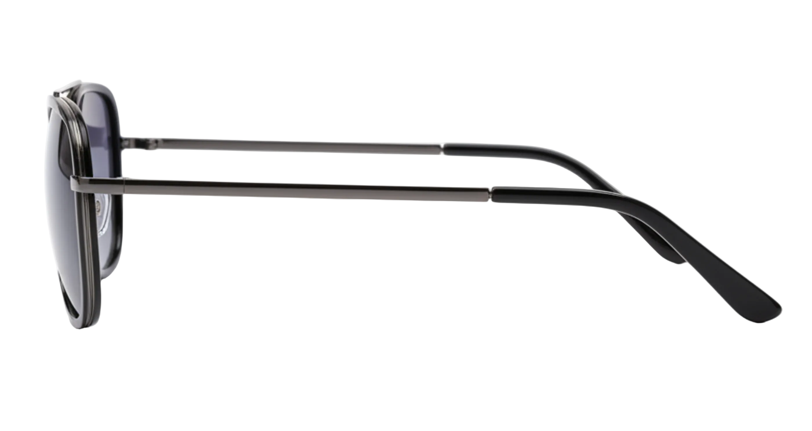 Dallas Mirror - Side profile of black metal sunglasses with dark UV polarised lenses, shown on a plain white background - Missandtrendy