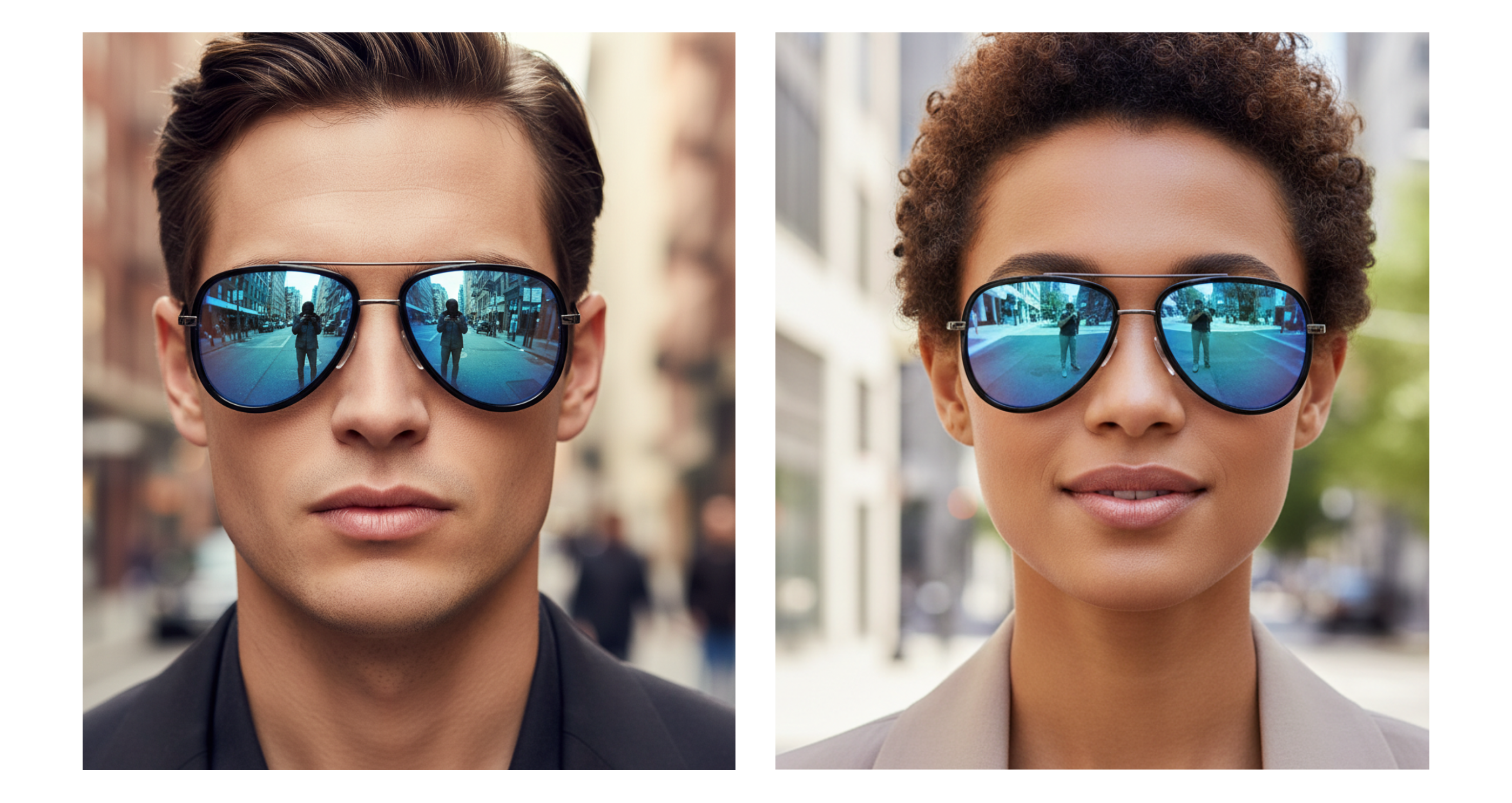 Dallas - Two models wearing aviator-style sunglasses with reflective blue lenses and dark metal frames, shown side by side against blurred city street backgrounds - Missandtrendy