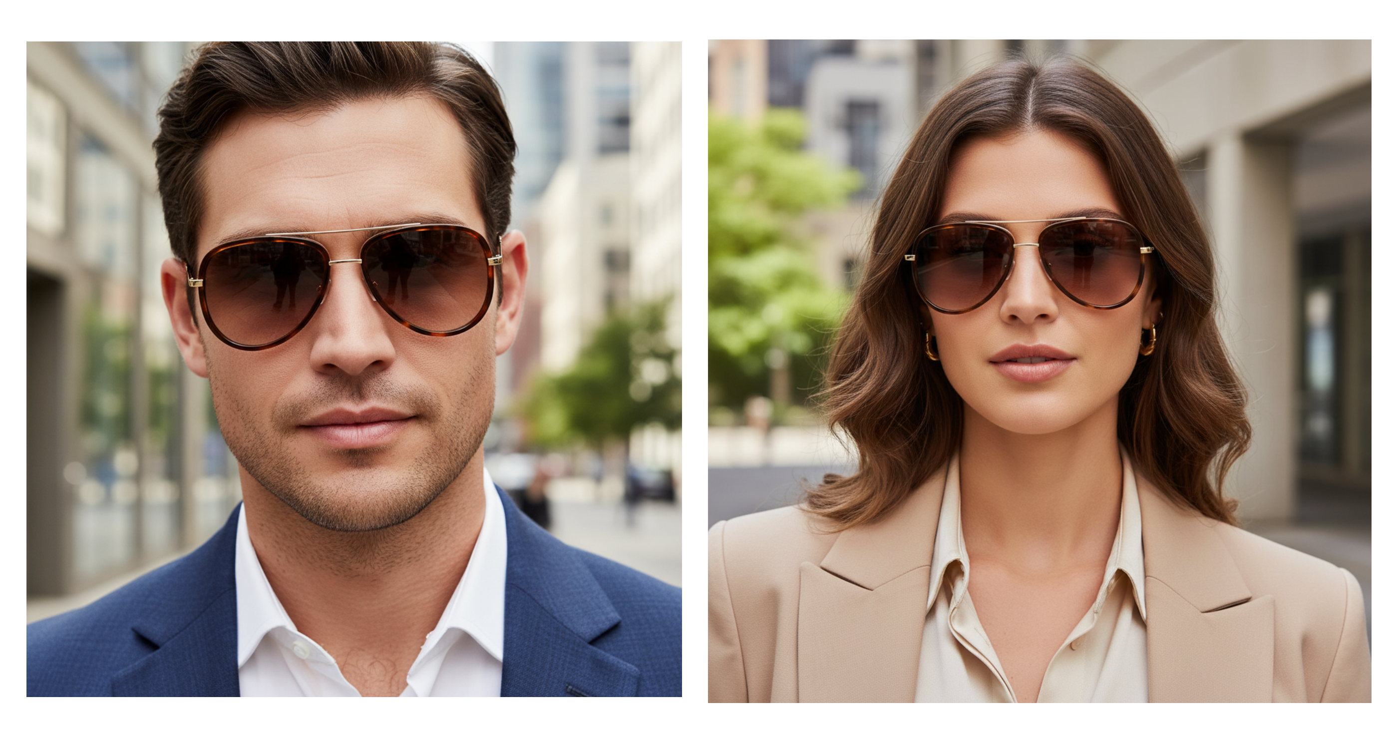 Dallas - A split-screen lifestyle image showing a man and a woman wearing aviator sunglasses with dark brown lenses and thin gold metal frames, set against blurred city street backgrounds - Missandtrendy