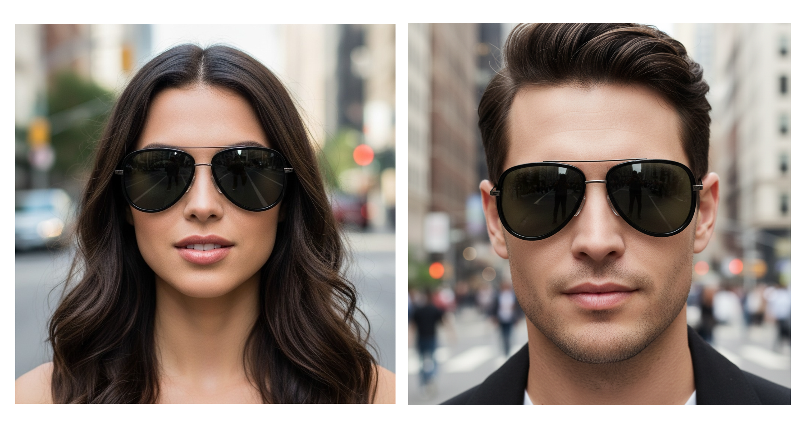 Dallas - Two models wearing classic aviator sunglasses with dark lenses and thin metal frames, shown in a side-by-side portrait layout against a blurred city street background - Missandtrendy