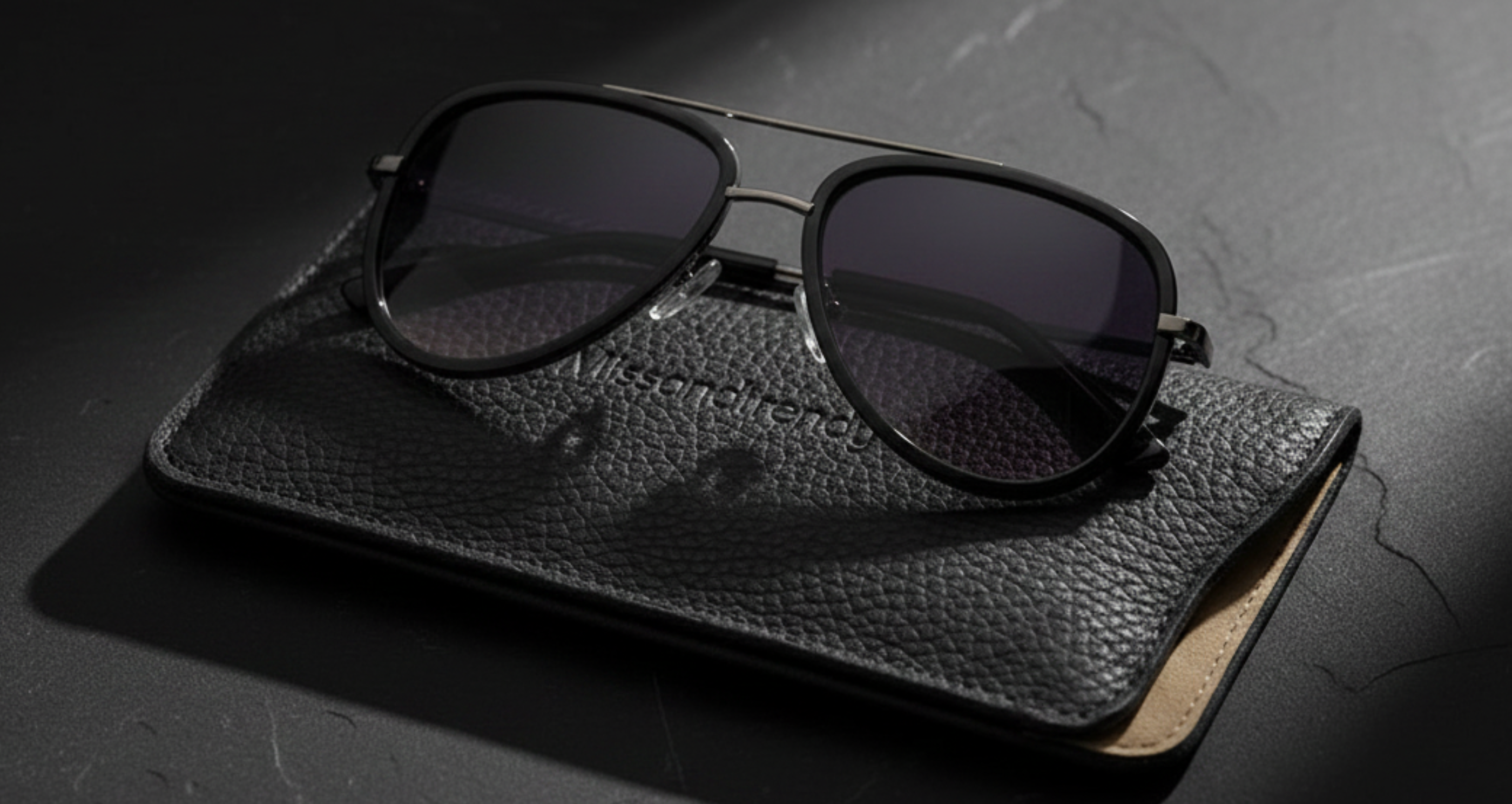 Black aviator-style sunglasses with dark lenses resting on a textured black leather case, photographed on a dark surface with dramatic lighting - Missandtrendy