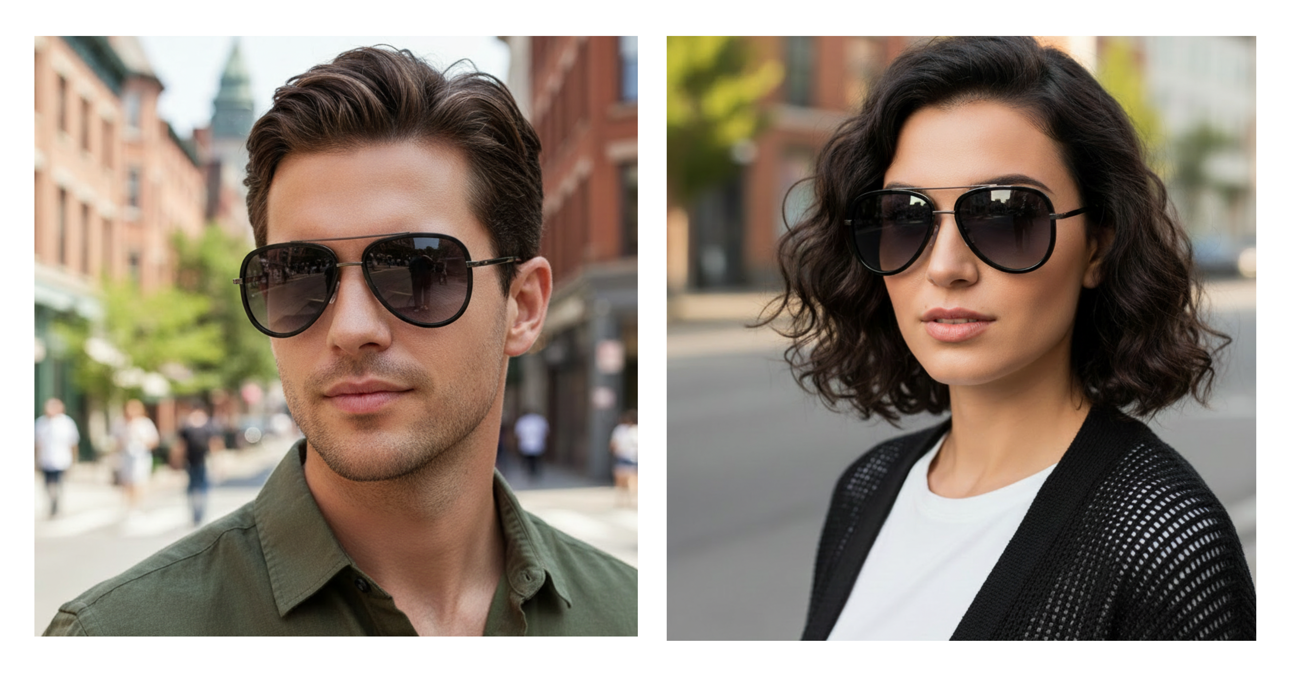 Dallas teardrop aviator - A side-by-side comparison of two models wearing dark aviator sunglasses. The left model is a man with styled brown hair wearing an olive green shirt, and the right model is a woman with curly dark hair wearing a black knit cardigan over a white t-shirt, both set against blurred city street backdrops - Missandtrendy