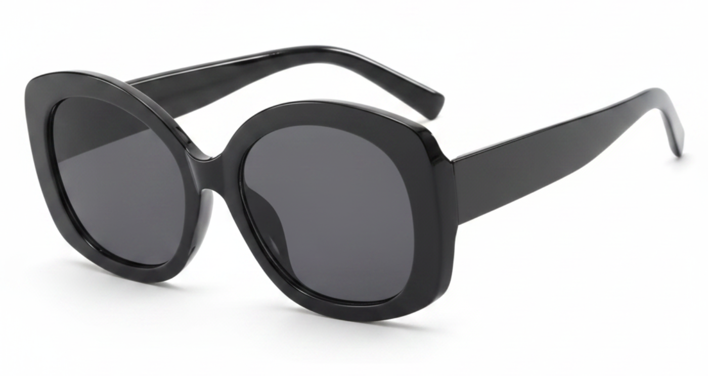 Diva black frame and black lens oversized polarised sunglasses by Missandtrendy 45º side view.