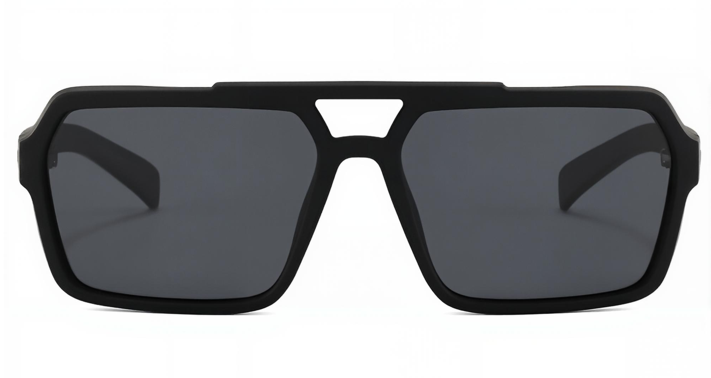 Matte black UV 400 polarised sunglasses with a thick rectangular frame and dark gray lenses, shown against a plain white background by Missantrendy.