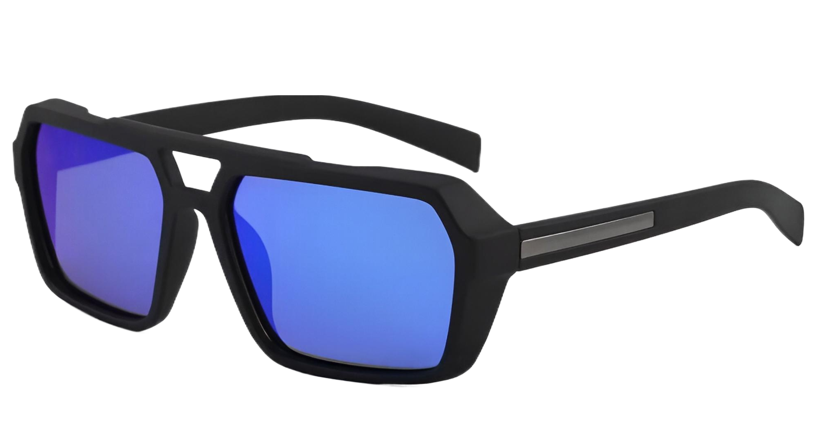 Eighties - Black square sunglasses with mirrored blue lenses and a silver accent on the temple arm, shown against a plain white background - Missandtrendy