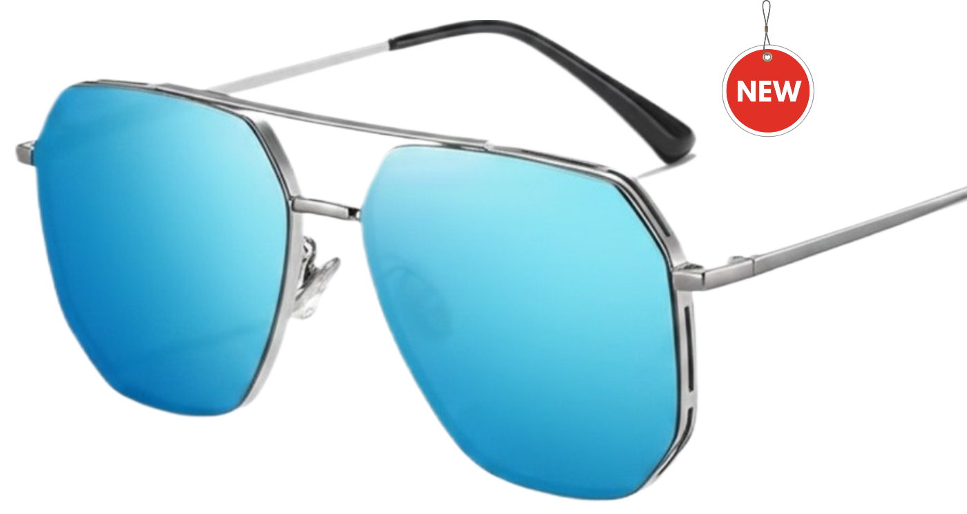 Missandtrendy future Aviator polarised UV400 sunglasses with silver frame and mirror blue lens 45º side and white background cropped