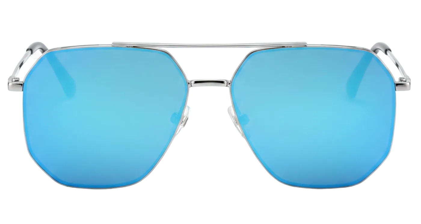 Missandtrendy future Aviator polarised UV400 sunglasses with silver frame and mirror blue lens 0º side and white background
