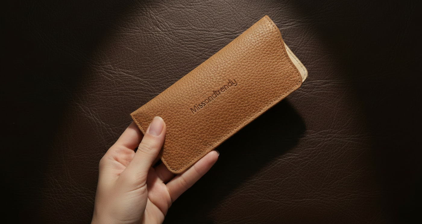Sunglasses Genuine Leather Sleeve Pouch, Case Holder in Brown with Hand display