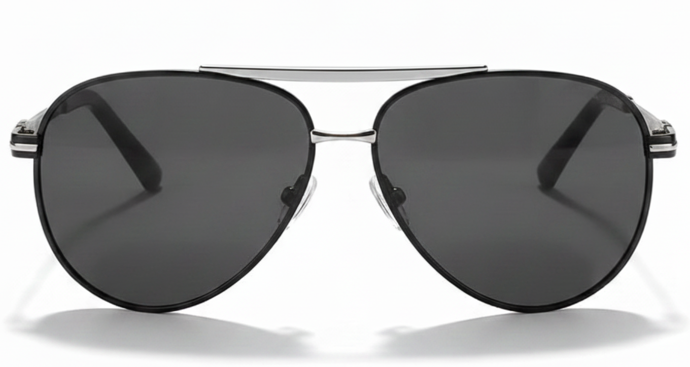 Lancater unisex aviator metal UV 400 Polarised sunglasses with black silver temple and black lens 0º side view