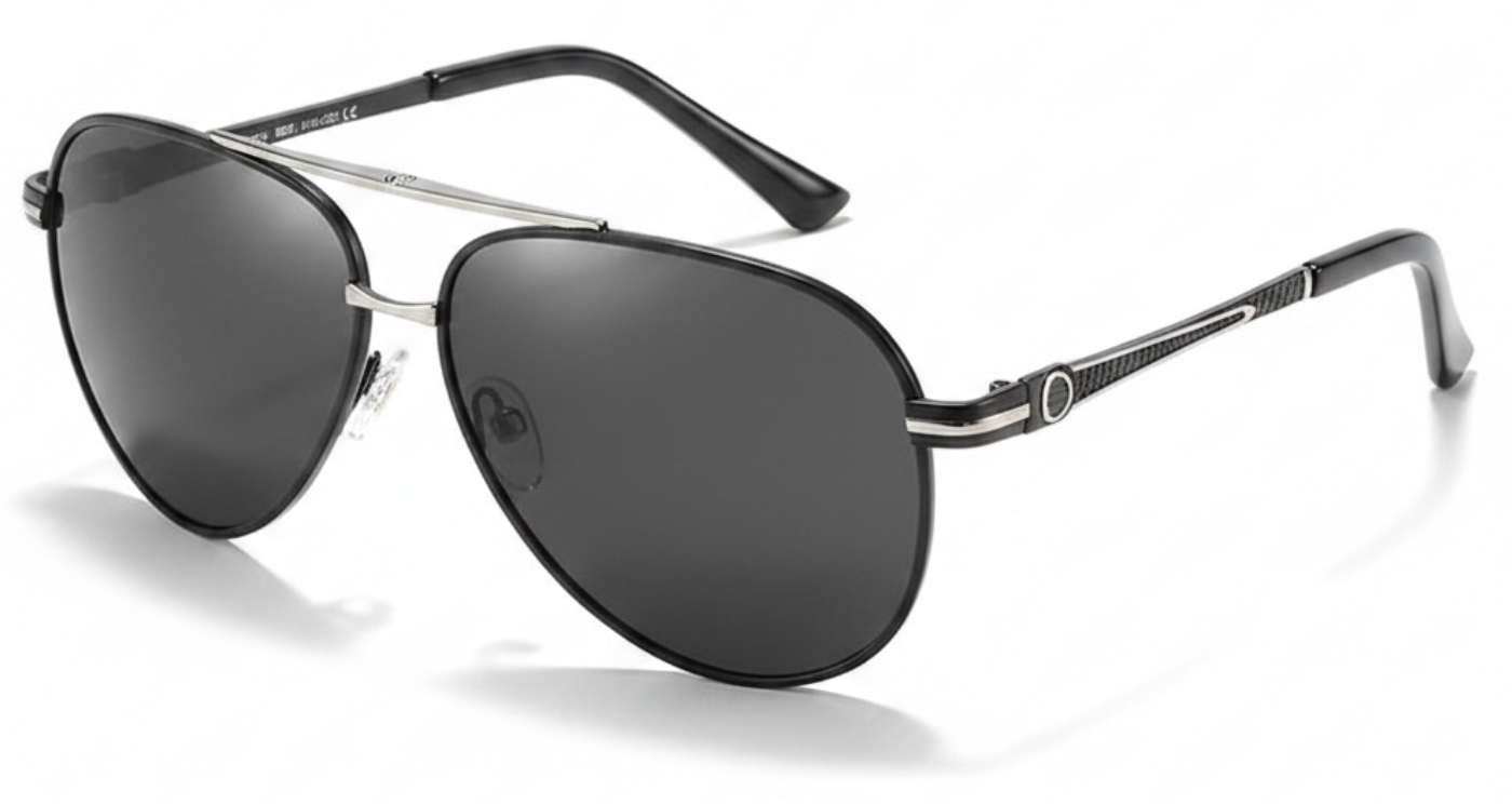 Lancater unisex aviator metal UV 400 Polarised sunglasses with black silver temple and black lens 45º side view