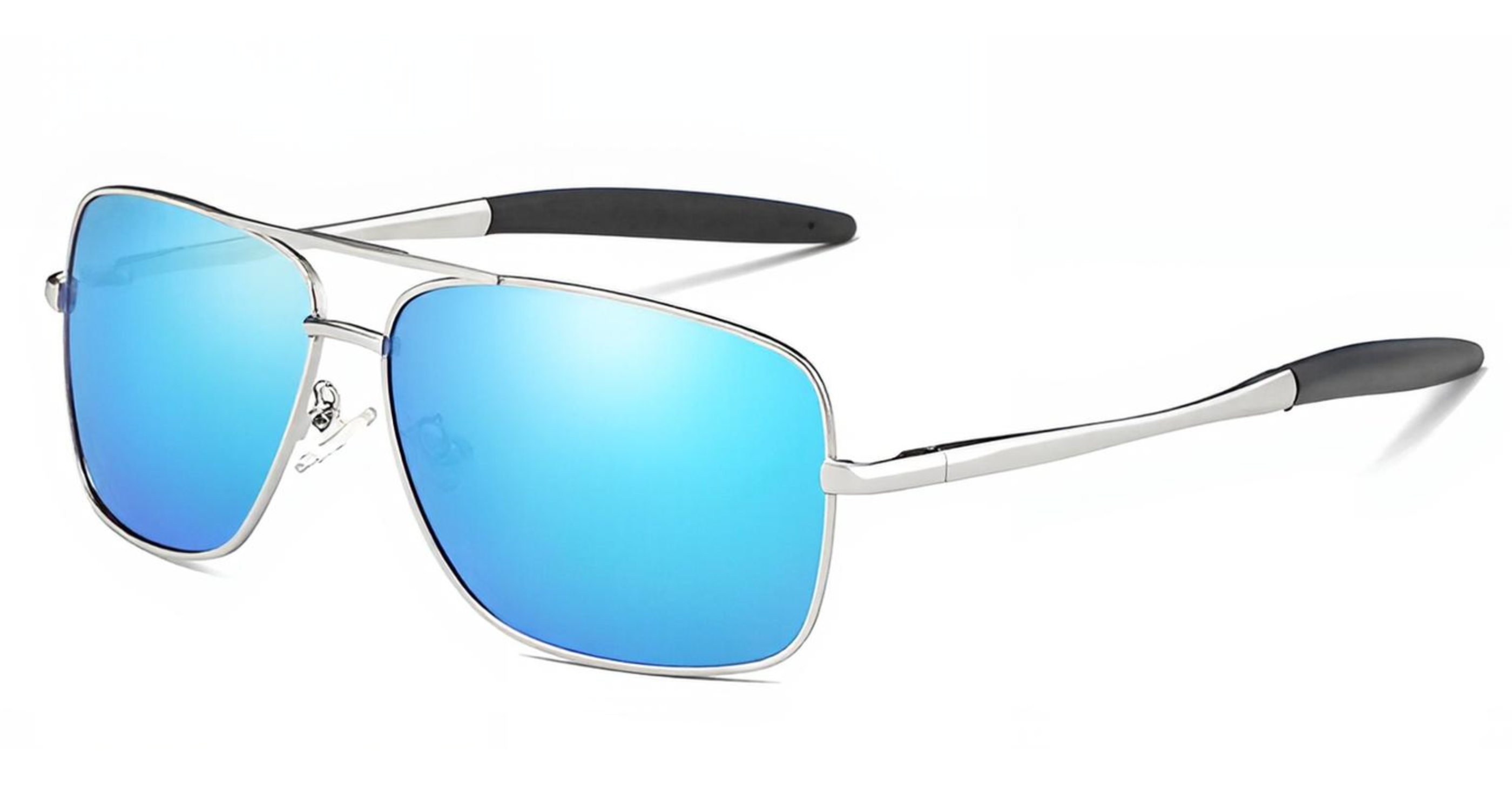 Liverpool - A pair of aviator-style UV 400 polarised sunglasses with a silver metal frame and vibrant blue mirrored lenses, featuring black temple tips, shown on a clean white background - Missandtrendy