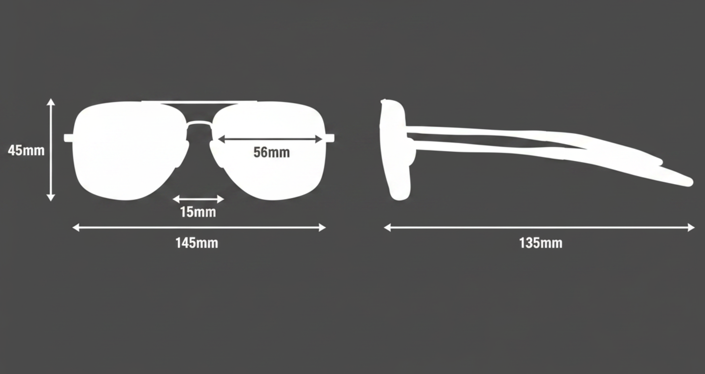 Liverpool - White silhouette diagram of sunglasses with dimension labels on a dark gray background, showing front view with lens width 56mm and temple width 145mm, plus side view with temple length 135mm- Missandtrendy
