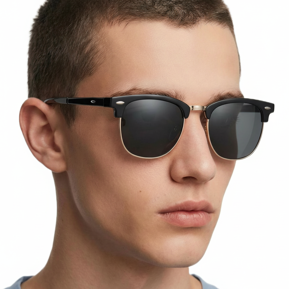 Man wearing Bowy Clubmaster with brown silver frame and green lens sunglasses by Missandtrendy 45º side view_new_01