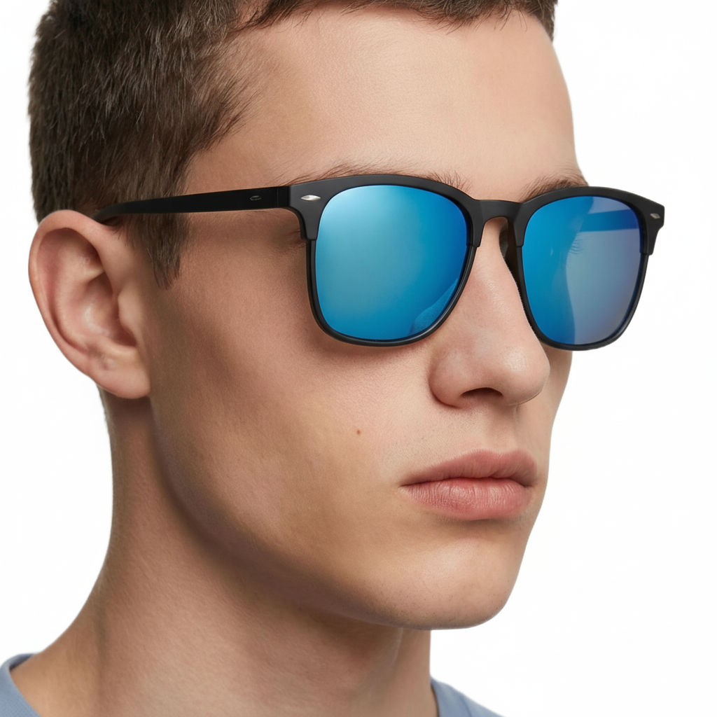 Man wearing Missandtrendy Piccadilly wayfarer sunglasses with black frame and mirror blue lens 45º side view_01