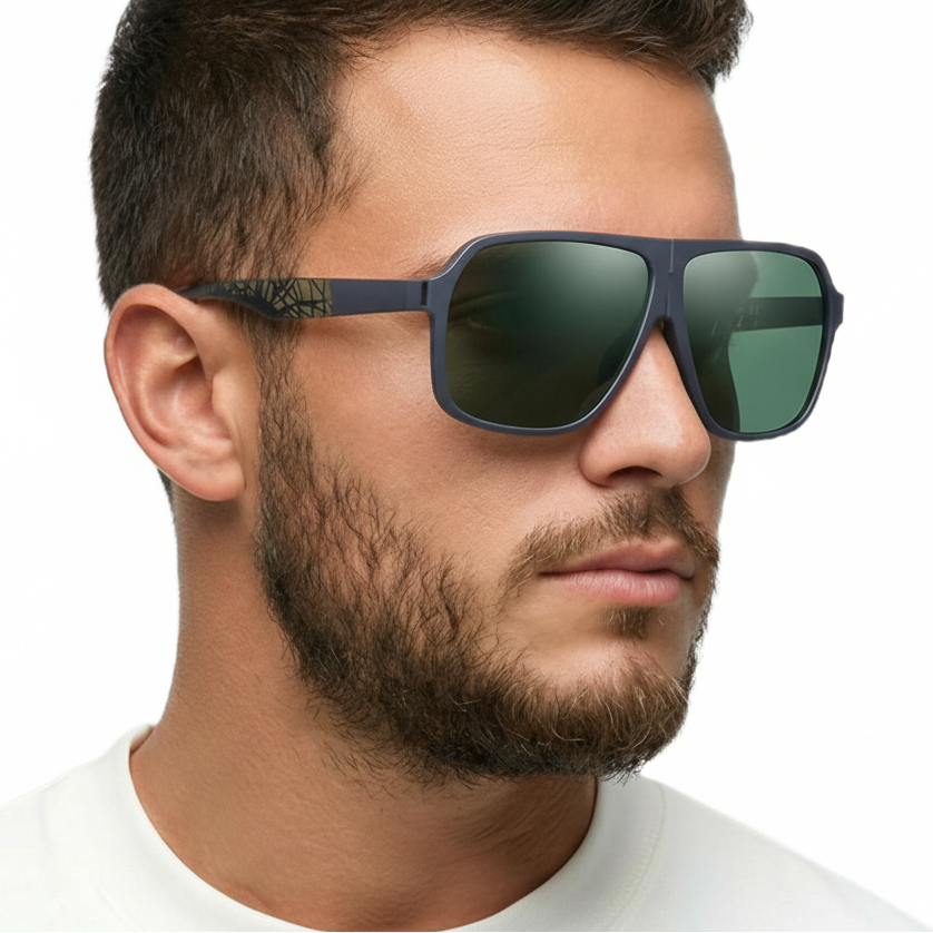 Man wearing Missandtrendy Rocky aviator sunglasses with grey frame and green lens 45º side view_new_01