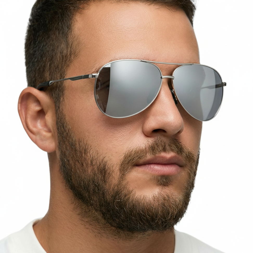 Man wearing Retro Aviator silver metal frame and mirror grey lens sunglasses by Missandtrendy 45º side view_teardrop 01