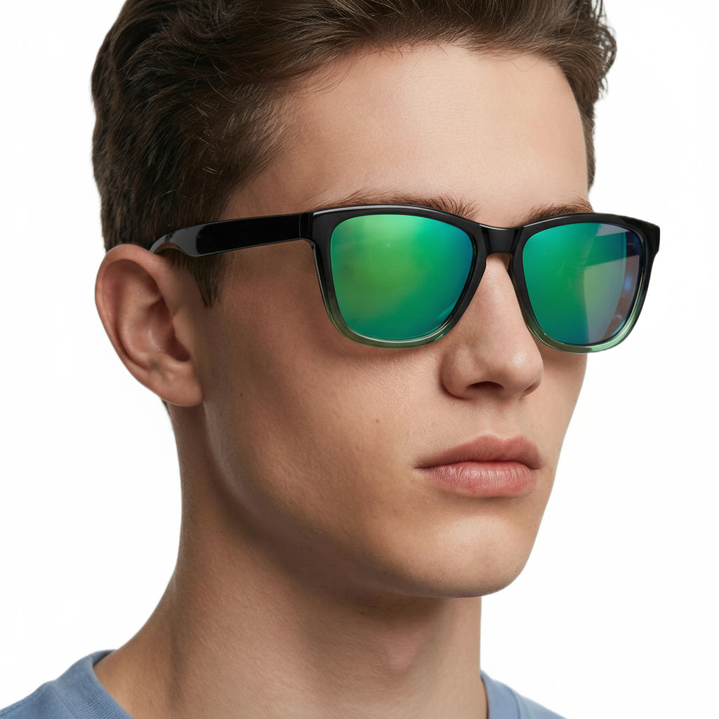 Man_wearing_camden_black_gradient_frame_and_green_mirror_lens_sunglasses_by_Missandtrendy_front_side_view_new_1