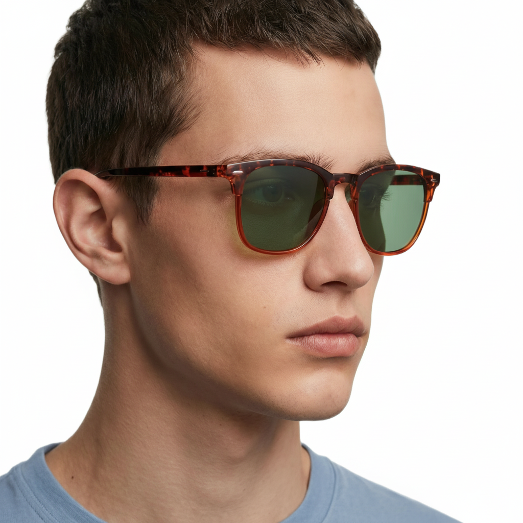 Man wearing piccadilly pattern frame and green lens wayfarer sunglasses by Missandtrendy 45º side view_01