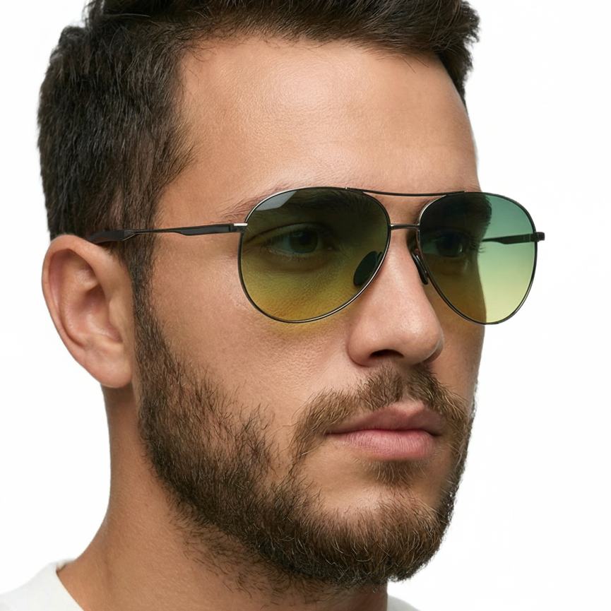 Man wearing retro aviator black metal frame and yellow green lens sunglasses by Missandtrendy 45º side view 01