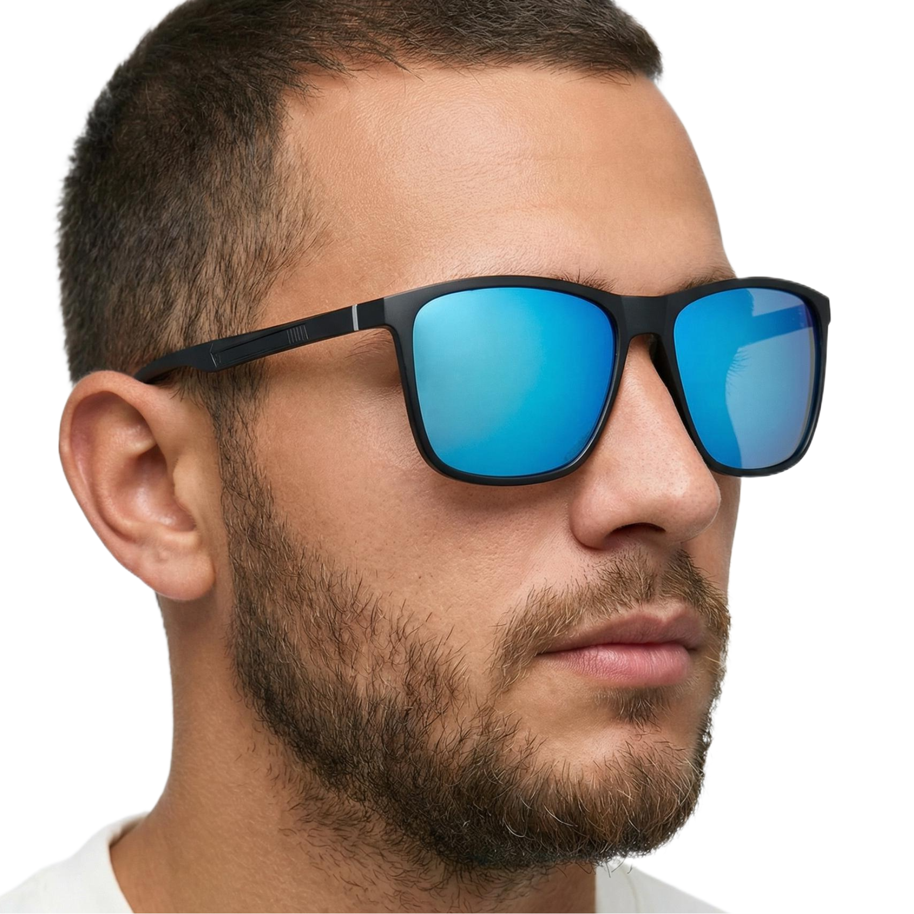 Man_wearing_touring_black_frame_and_mirror_blue_lens_square_sunglasses_by_Missandtrendy_45_side_view_2