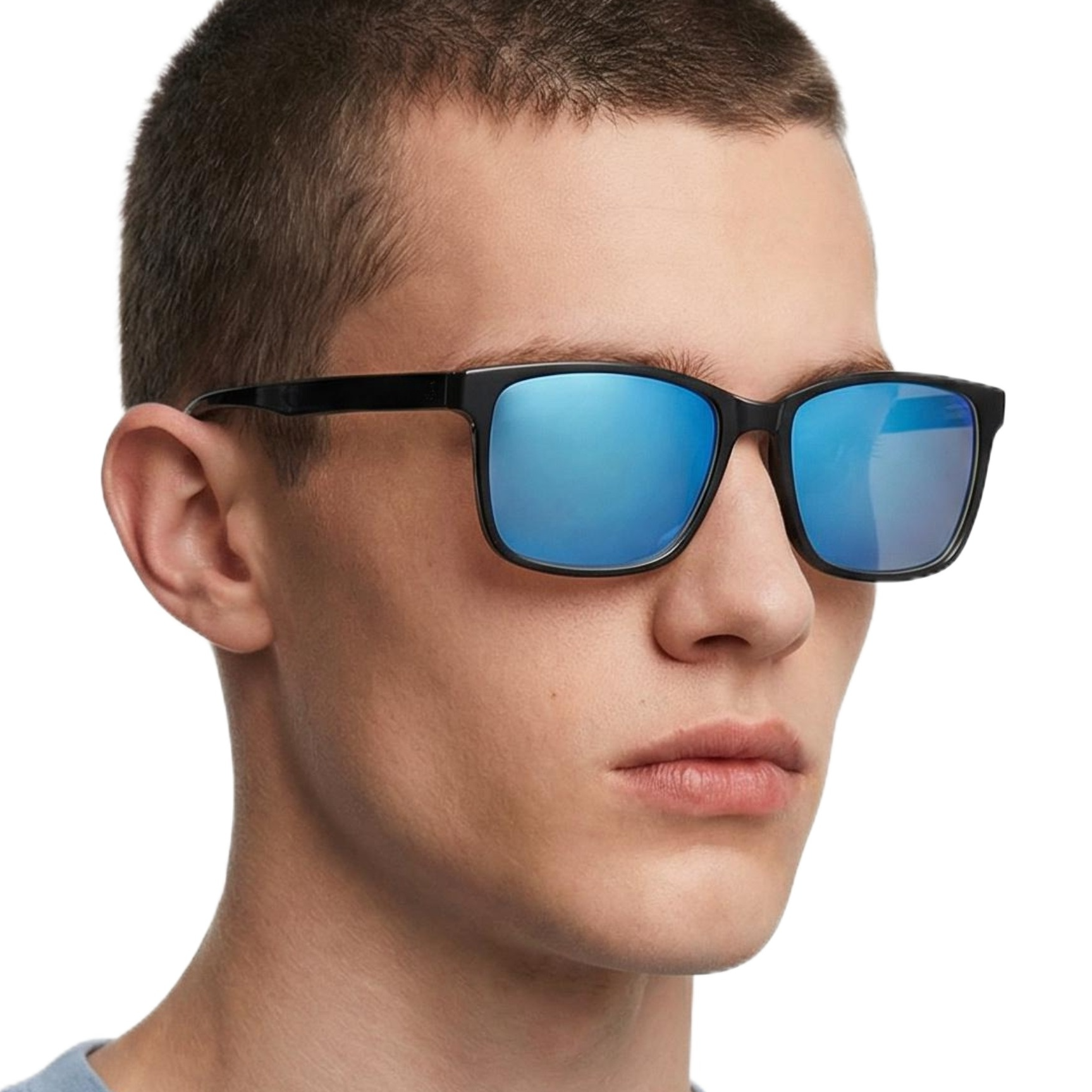 Man wearing waves black frame and mirror blue lens rectangular sunglasses by Missandtrendy 45º side view_1
