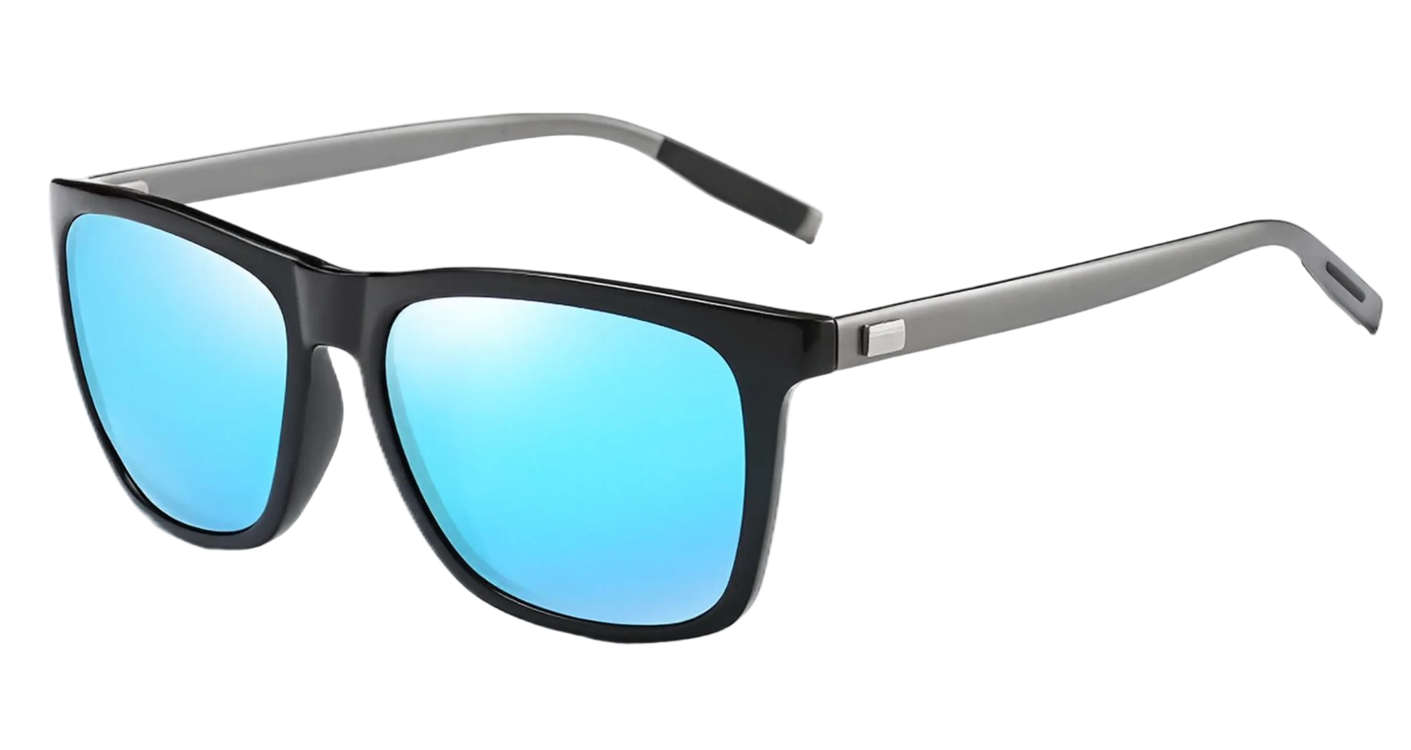 Mayfair - A pair of UV 400 polarised sunglasses with a black front frame, silver temples, and bright blue mirrored lenses, shown on a plain white background - Missandtrendy