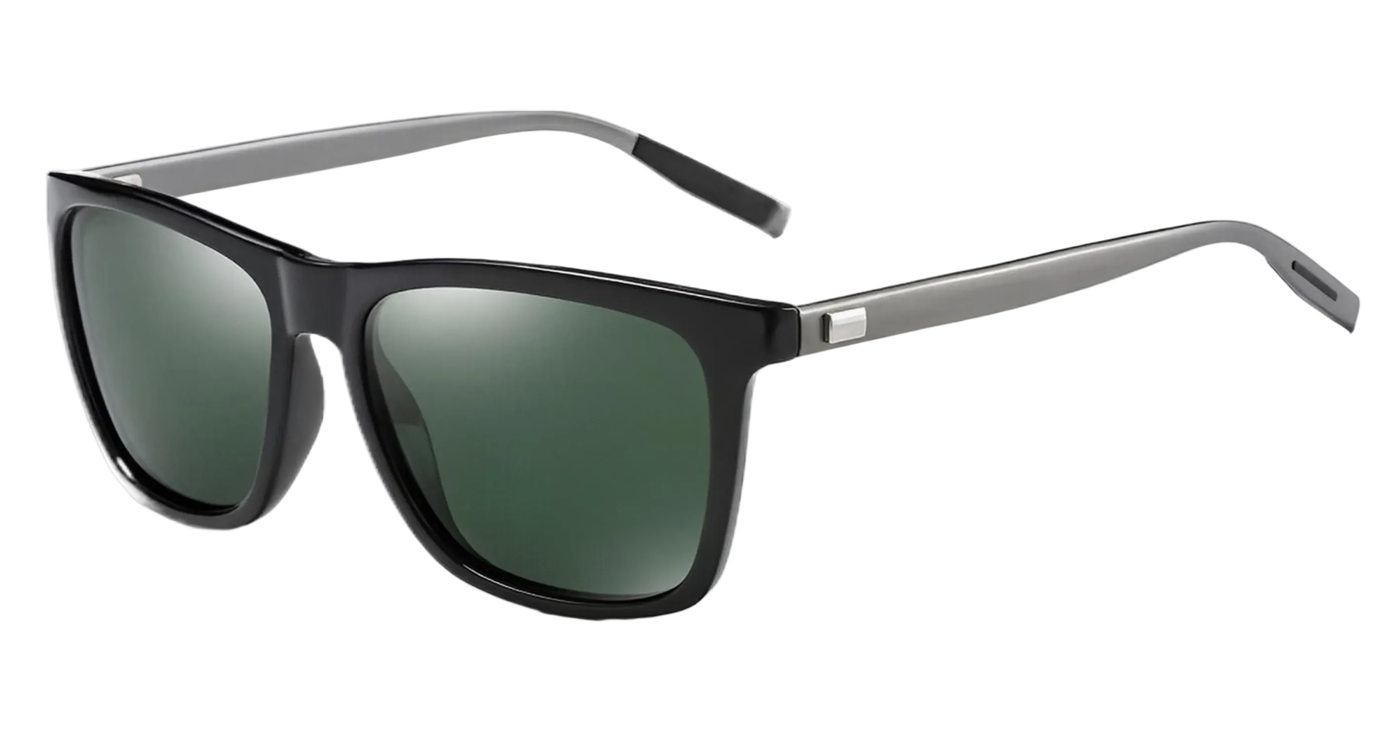 Mayfair - A pair of square-frame UV polarised sunglasses with a glossy black front, silver temples, and dark green lenses, shown on a plain white background - Missandtrendy