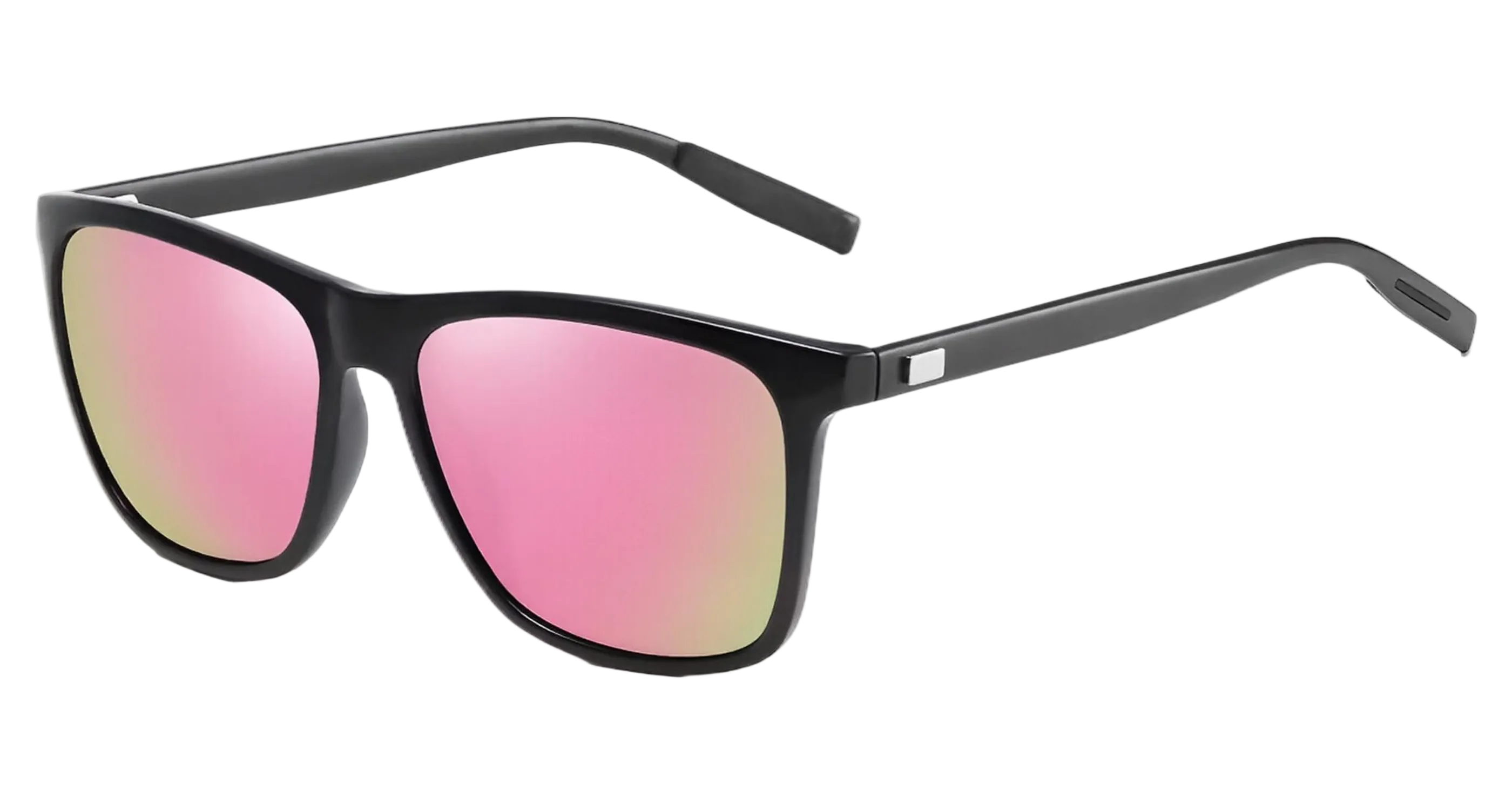 Mayfair - Black square UV polarised sunglasses with pink mirrored lenses, shown at a three-quarter angle on a white background - Missandtrendy