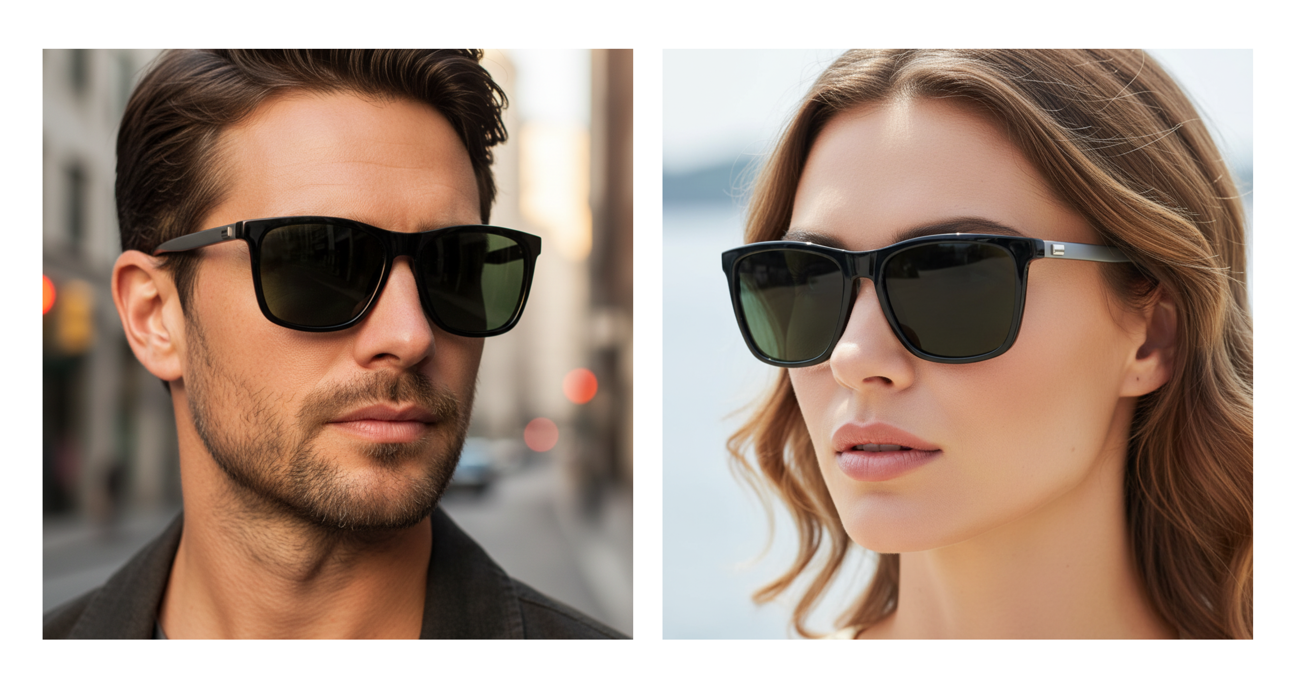 Mayfair - Two models wearing black UV 400 polarised sunglasses with dark lenses, shown in a split-screen portrait layout against blurred city and outdoor backgrounds - Missandtrendy