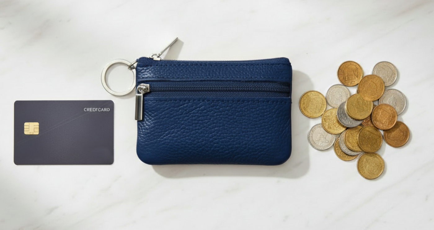 Handmade Genuine Leather Zipper Card Wallet Coin Purse Blue with card and coins