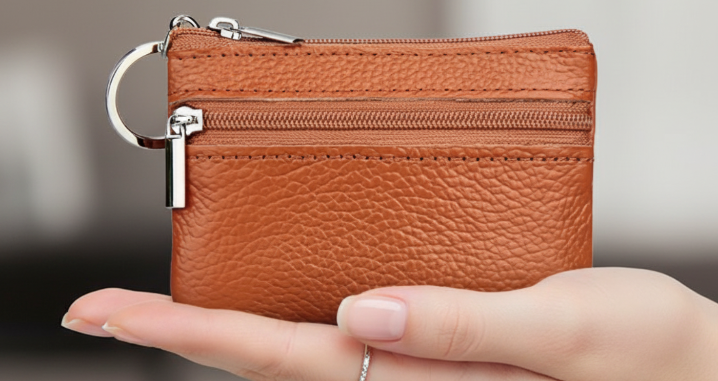 Handmade Genuine Leather Zipper Card Wallet Coin Purse Brown