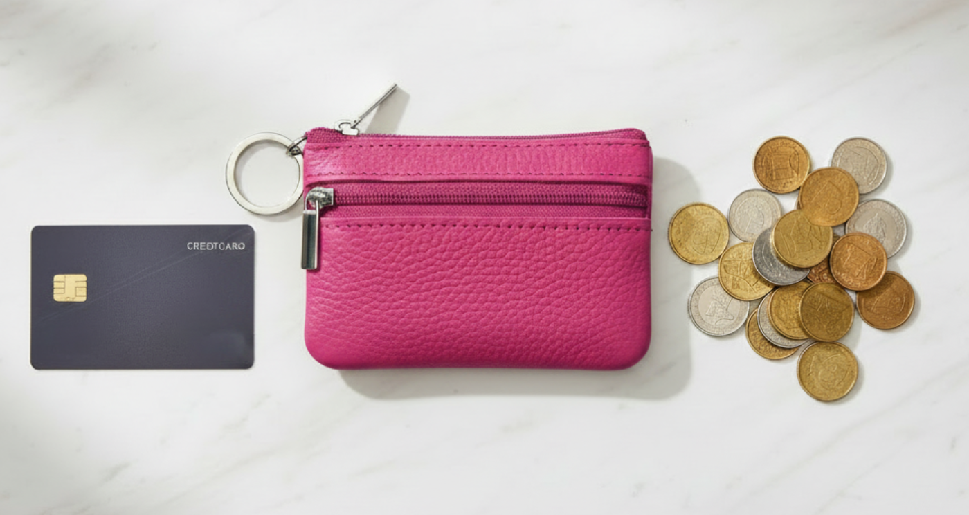 Handmade Genuine Leather Zipper Card Wallet Coin Purse Fuchsia with card and coins