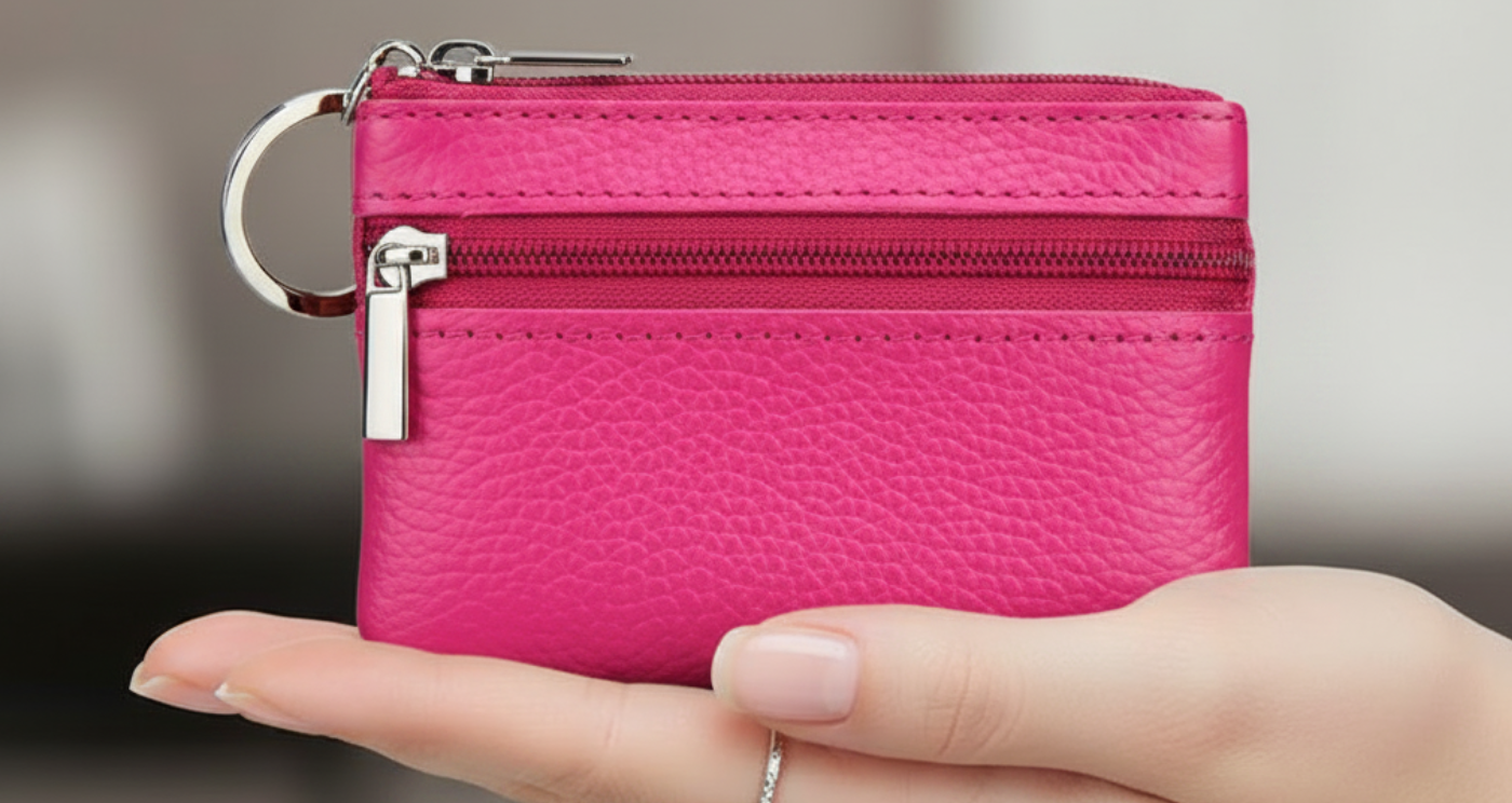 Handmade Genuine Leather Zipper Card Wallet Coin Purse Fuchsia