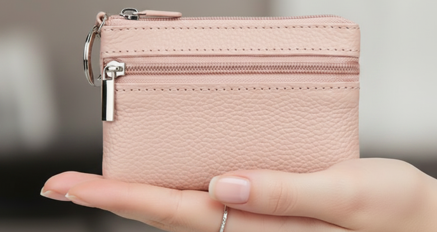 Handmade Genuine Leather Zipper Card Wallet Coin Purse Mauve