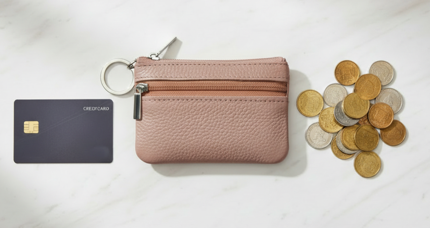 Handmade Genuine Leather Zipper Card Wallet Coin Purse Mauve with card and coins