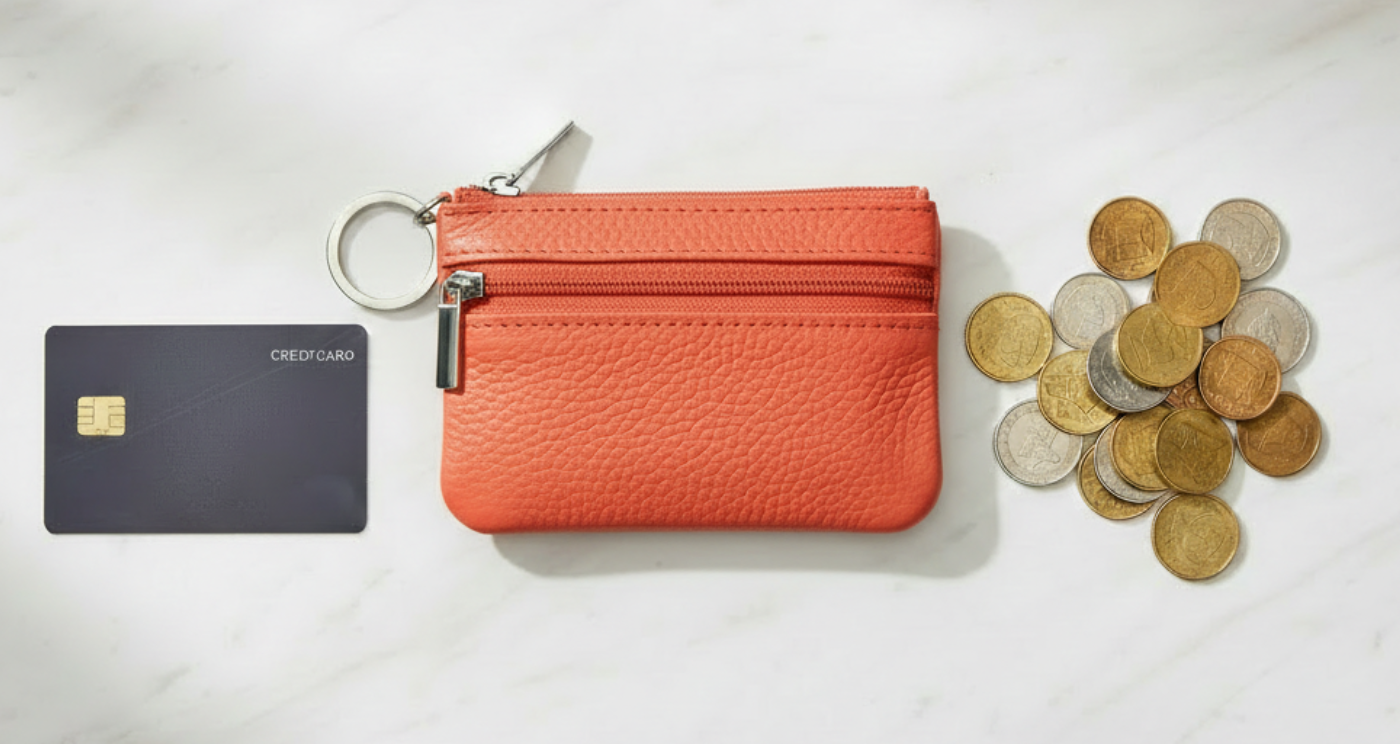 Handmade Genuine Leather Zipper Card Wallet Coin Purse Orange With cards and coins