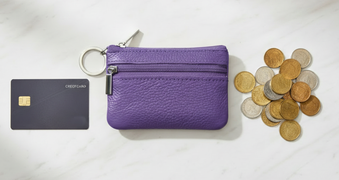 Handmade Genuine Leather Zipper Card Wallet Coin Purse Purple with card and coins