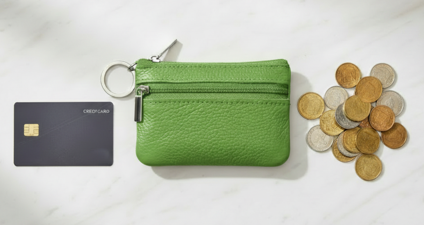 Handmade Genuine Leather Zipper Card Wallet Coin Purse Green with card and coins