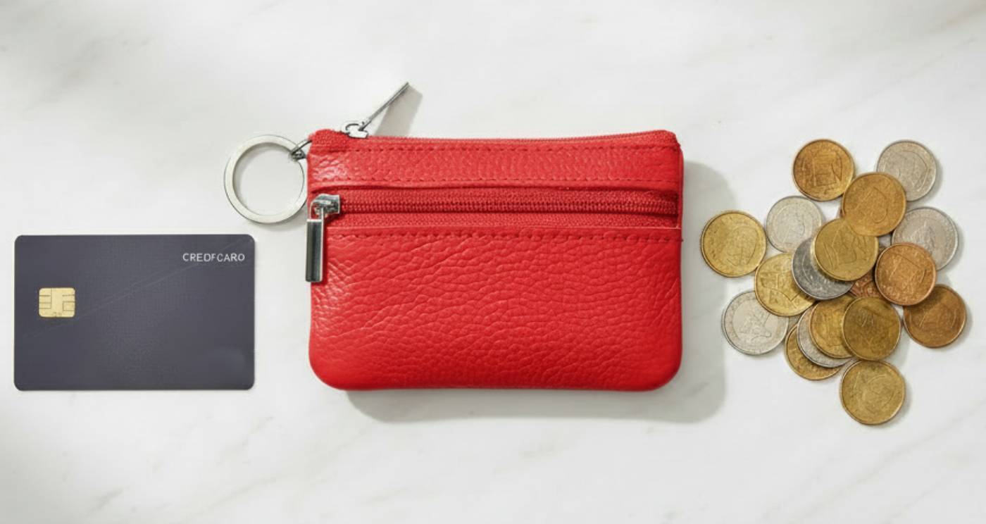 Handmade Genuine Leather Zipper Card Wallet Coin Purse Red With cards and coins