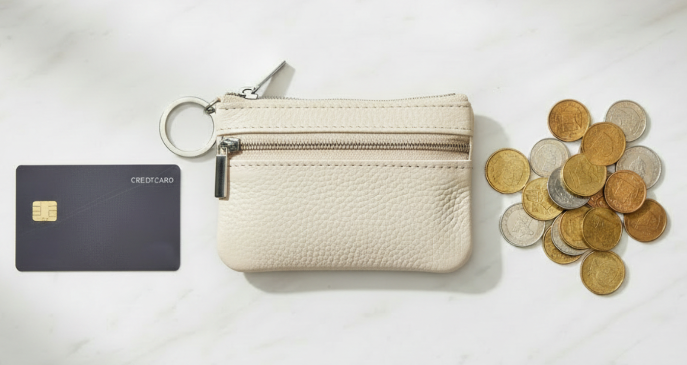 Handmade Genuine Leather Zipper Card Wallet Coin Purse White with card and coins