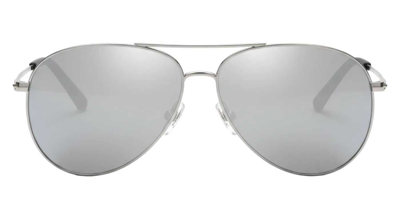 Missandtrendy Brighton aviator sunglasses with silver metal frame and mirror grey lens front side view
