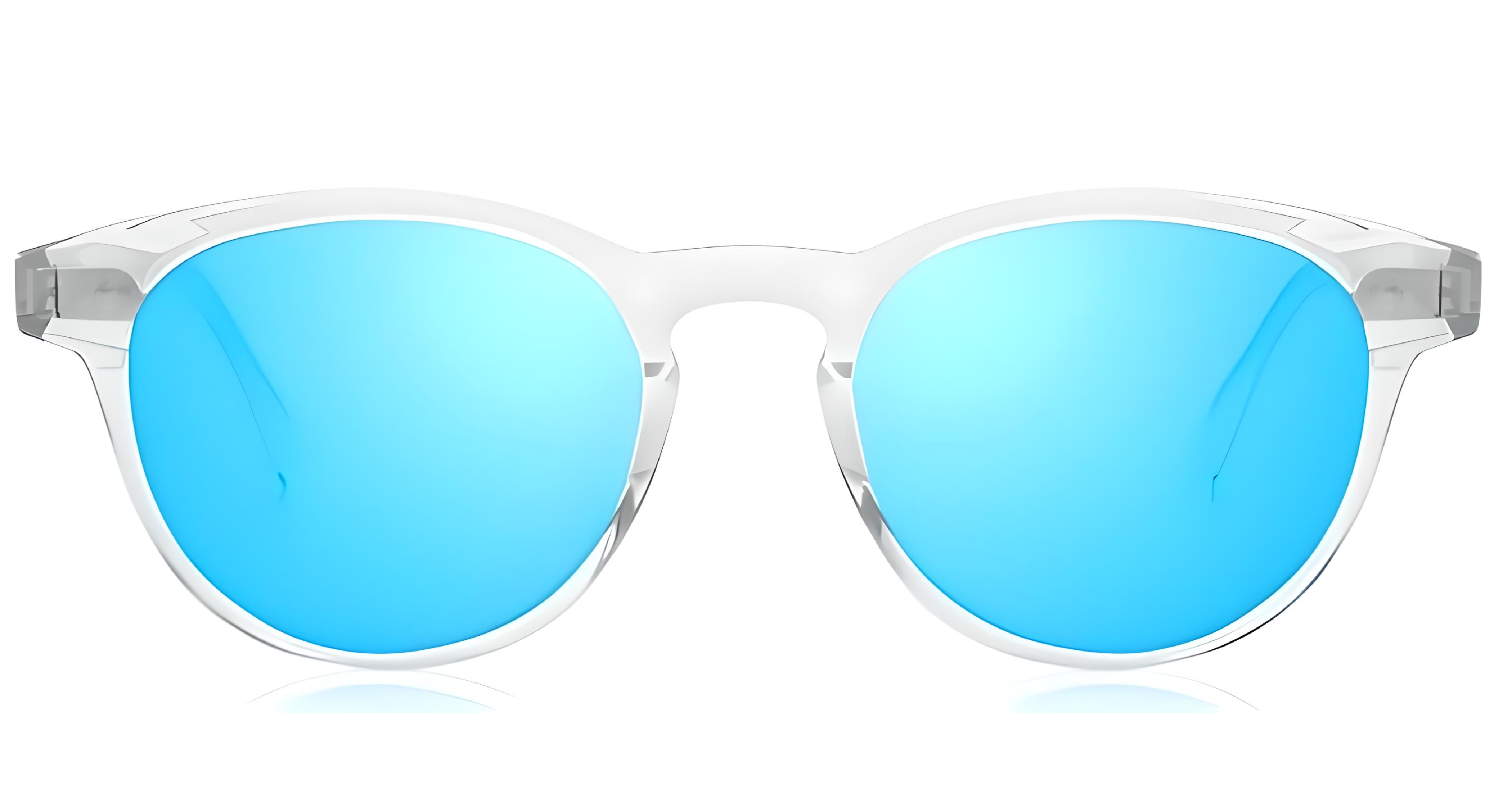 Missandtrendy Highway round sunglasses with clear transparent frame and mirror turquoise lens front side view