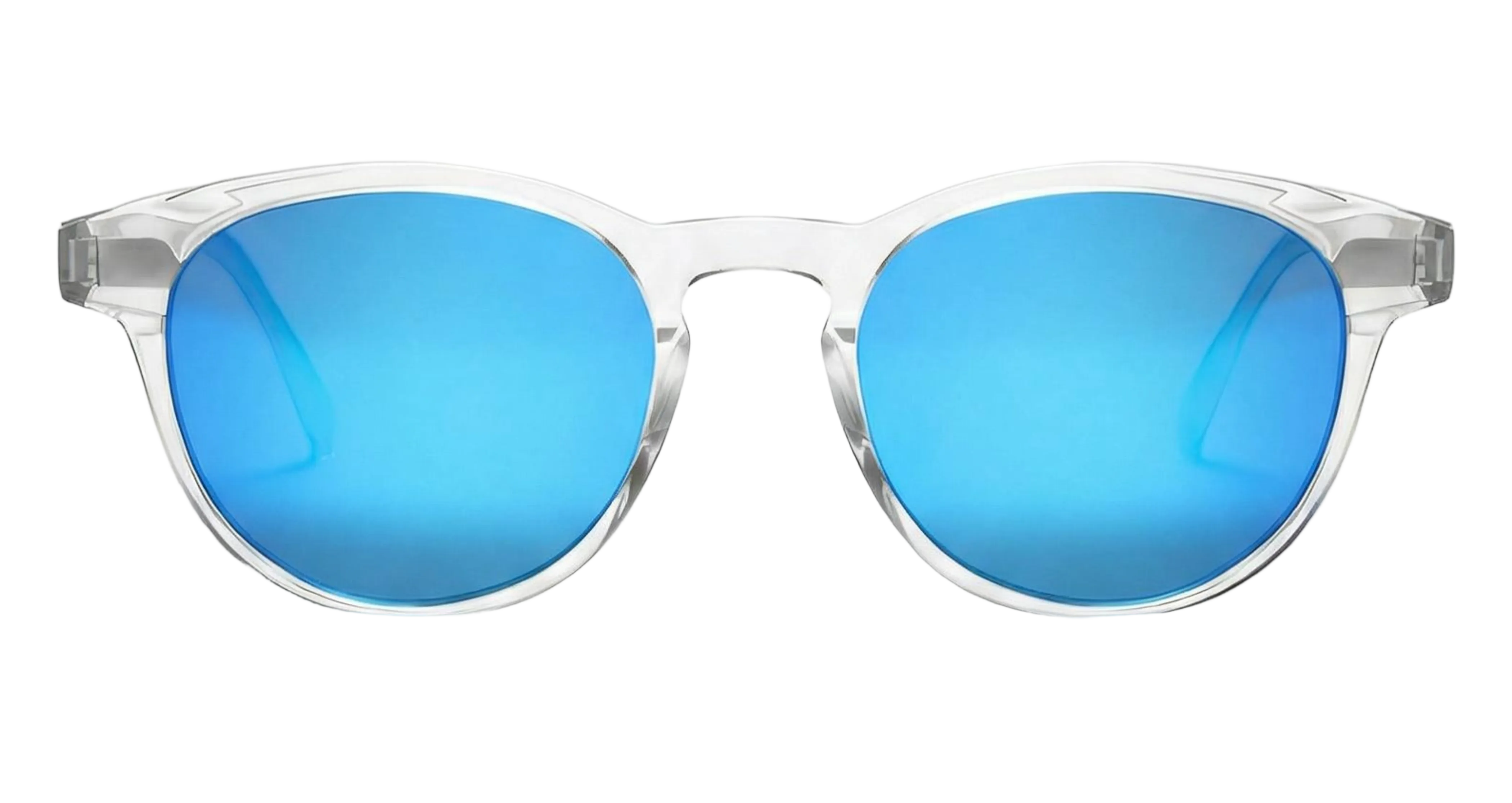 Missandtrendy Highway round sunglasses with clear transparent frame and mirror turquoise lens front side view new