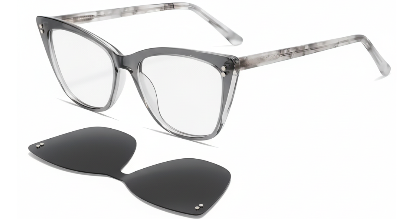 Missandtrendy Kate butterfly grey frame and black clip lens 45º side view clip off frame_01