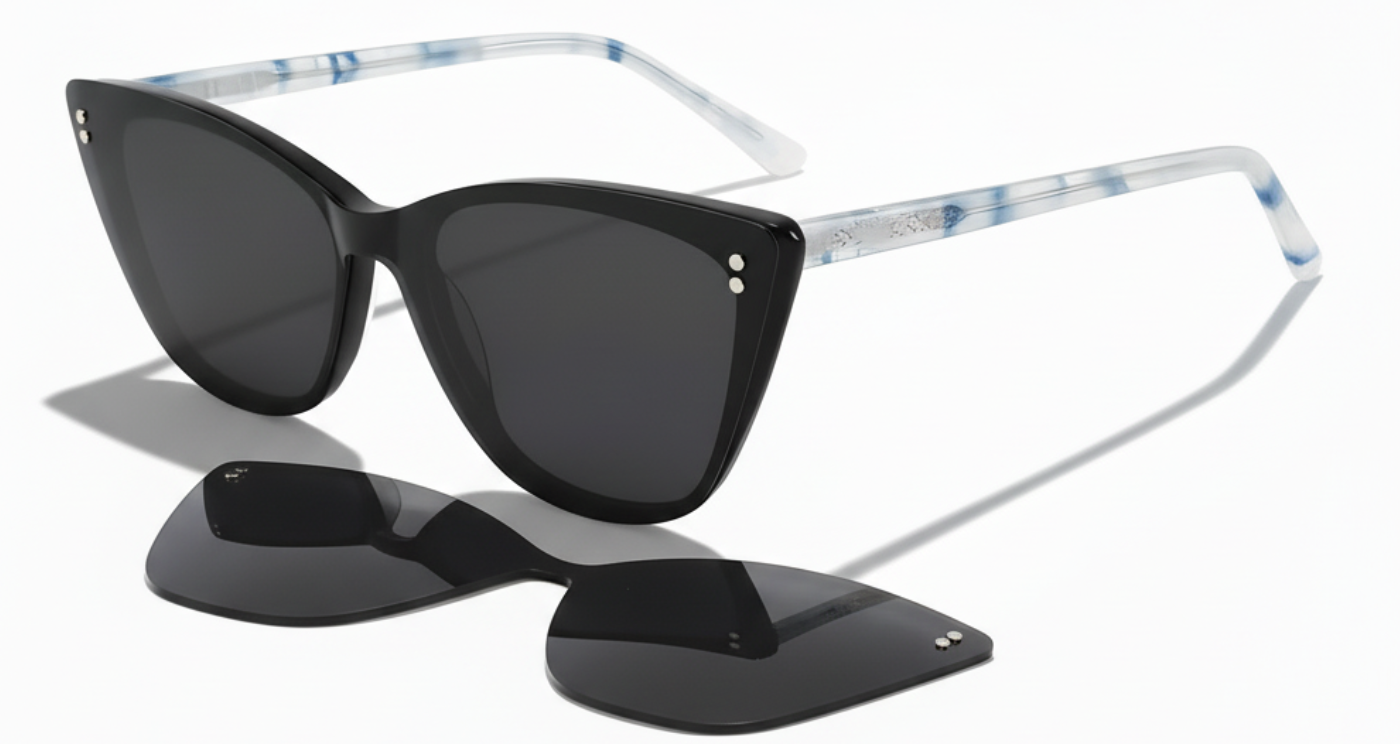 Missandtrendy Kate butterfly marble blue frame and black clip-on and clear lens 90º clip-on off side view