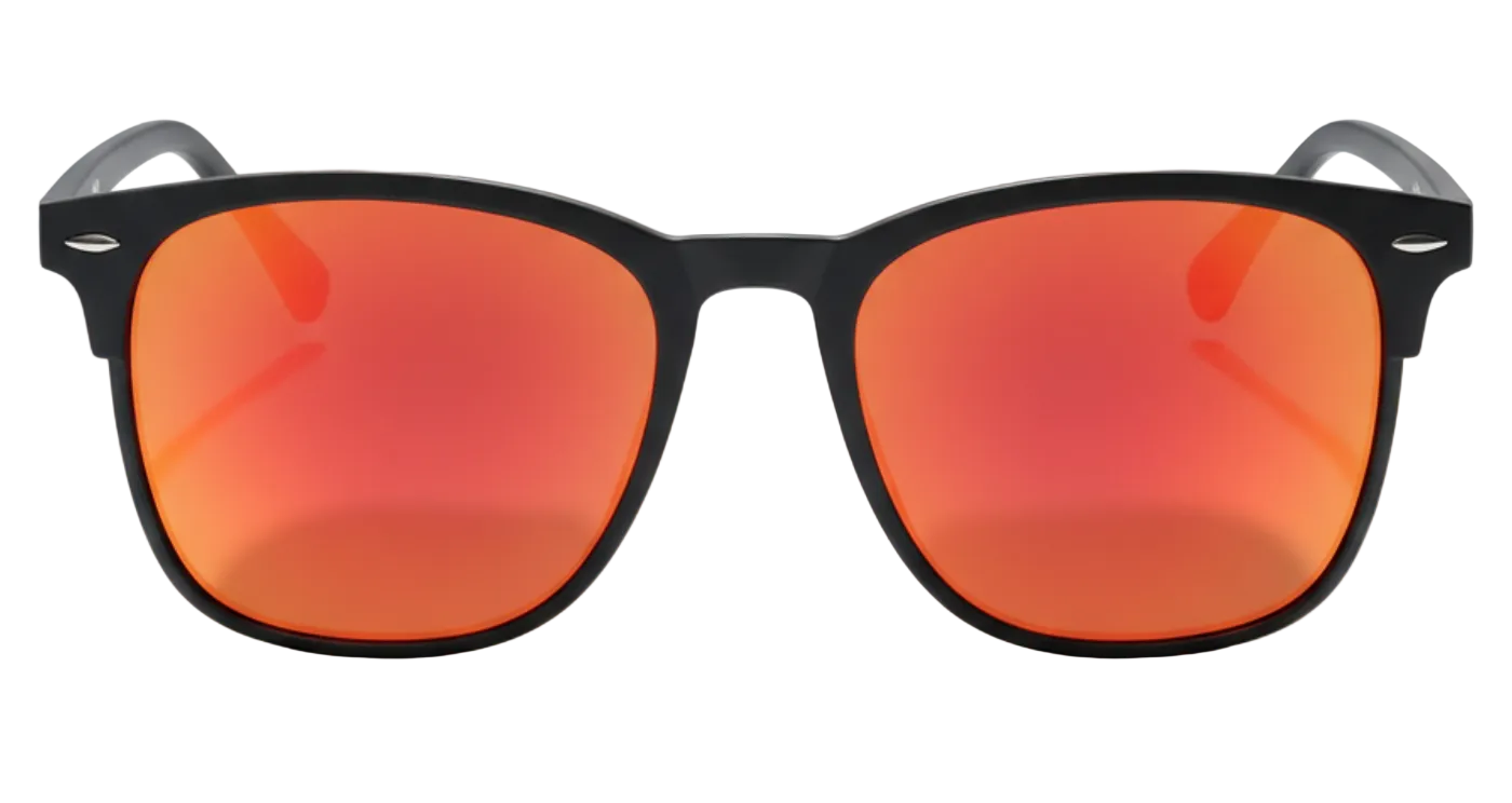 Missandtrendy Piccadilly wayfarer sunglasses with black frame and mirror orange lens 0º side view_01
