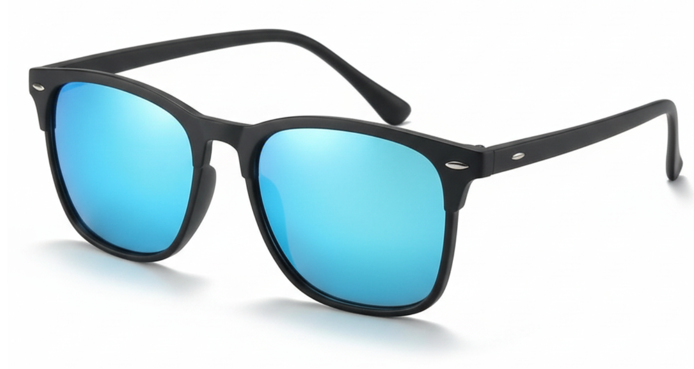 Missandtrendy Piccadilly wayfarer sunglasses with black frame and mirror turquoise lens 45º side view_new_01