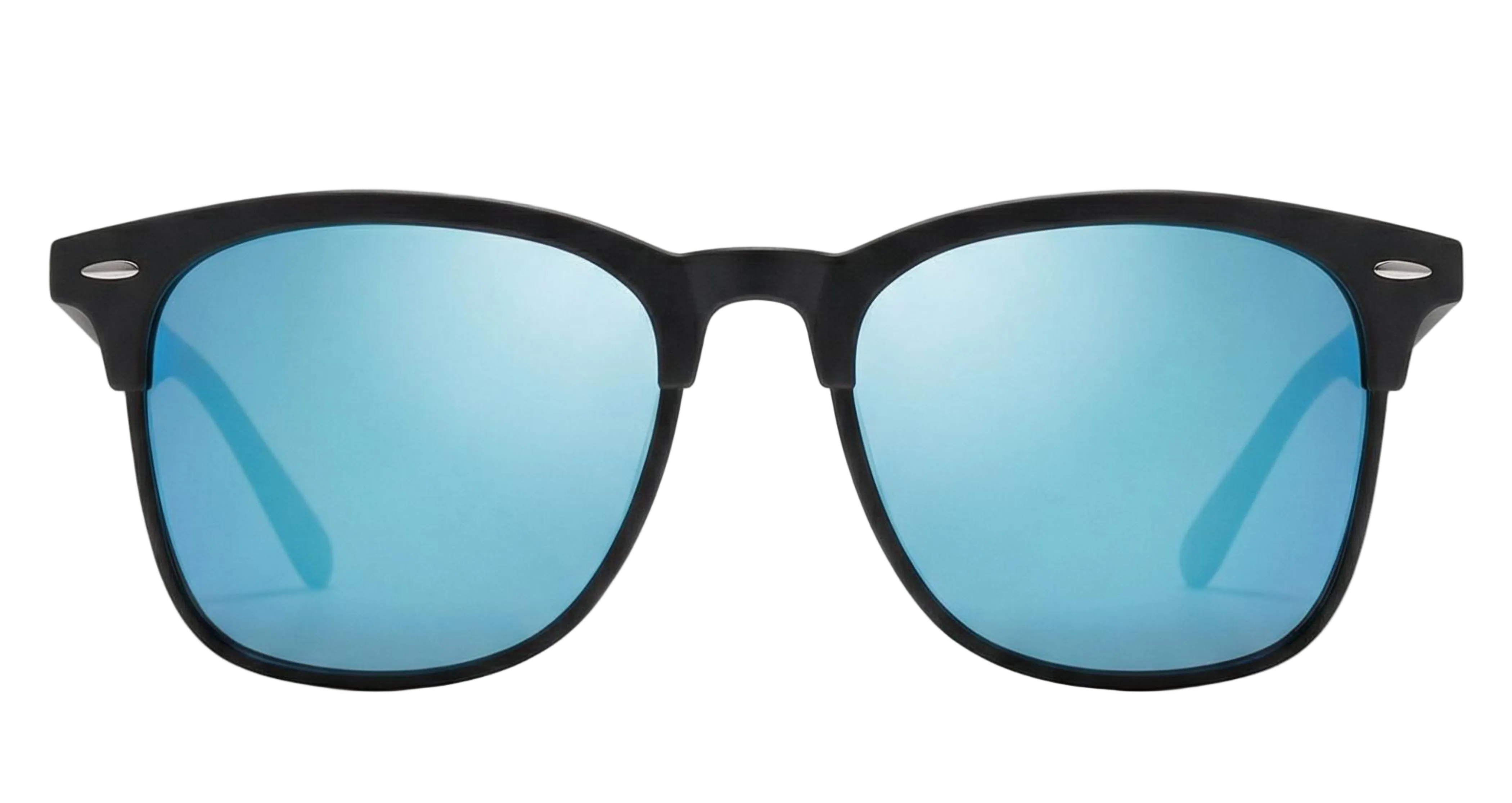 Missandtrendy Piccadilly wayfarer sunglasses with black frame and mirror turquoise lens front side view_new