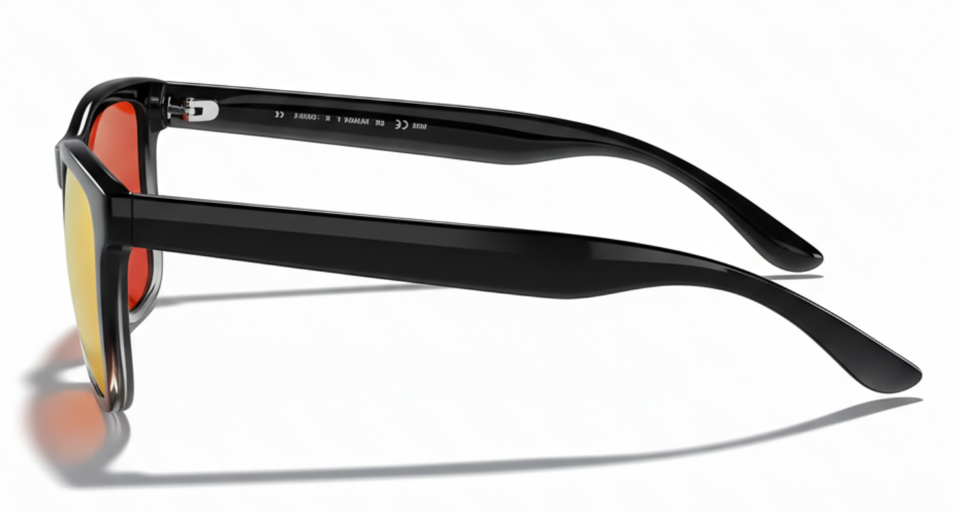 Missandtrendy camden wayfarer sunglasses with black frame and mirror orange lens 90º side view