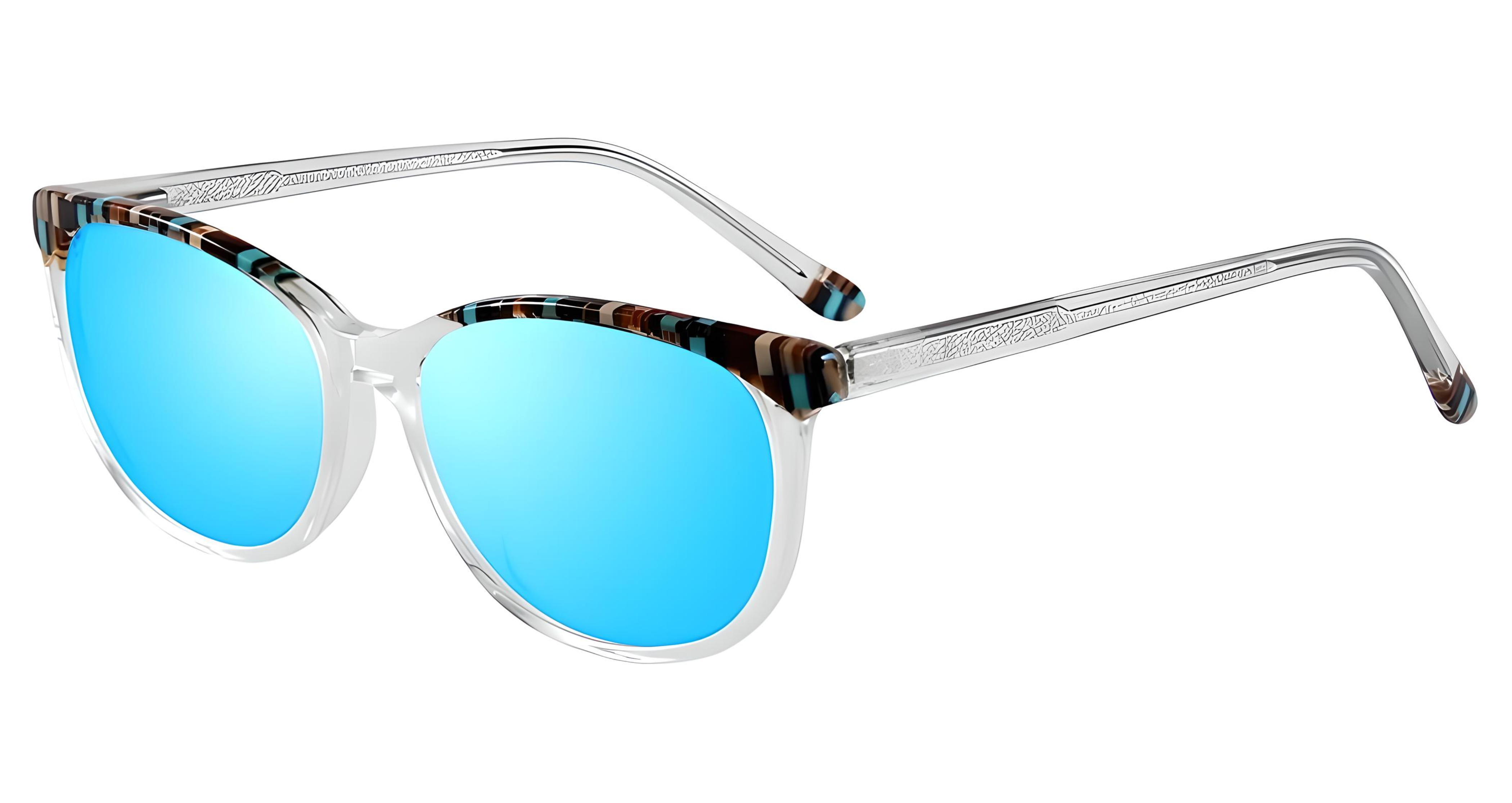 Missandtrendy cat-eye sunglasses with clear frame and mirror blue lens 45º side view